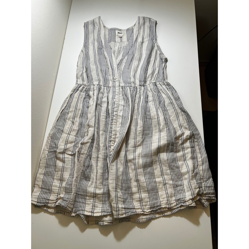 Pact Womens Organic Cotton Double Gauze Dress M Striped Blue White Summer Boho